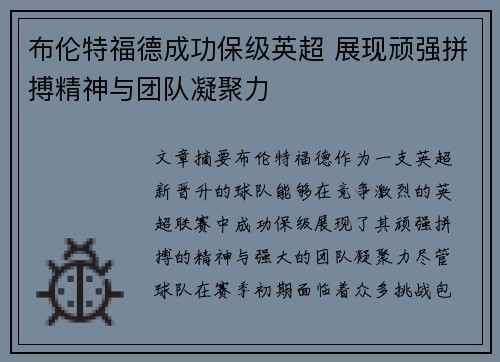 布伦特福德成功保级英超 展现顽强拼搏精神与团队凝聚力